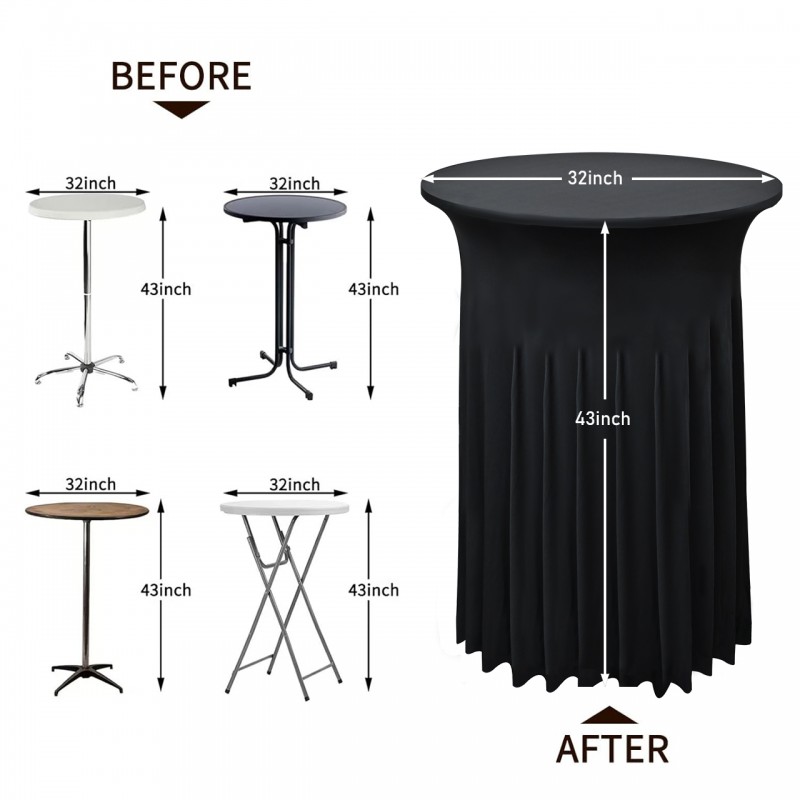 32 inch Highboy Cocktail Round Wavy Draping Stretch Spandex Table Cover Black 