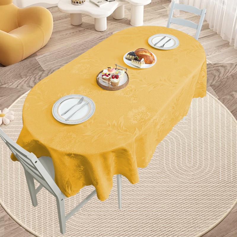 70" x 52"  Oval Jacquard Tablecloth Anchovy Patterns Table Cloth Gold 