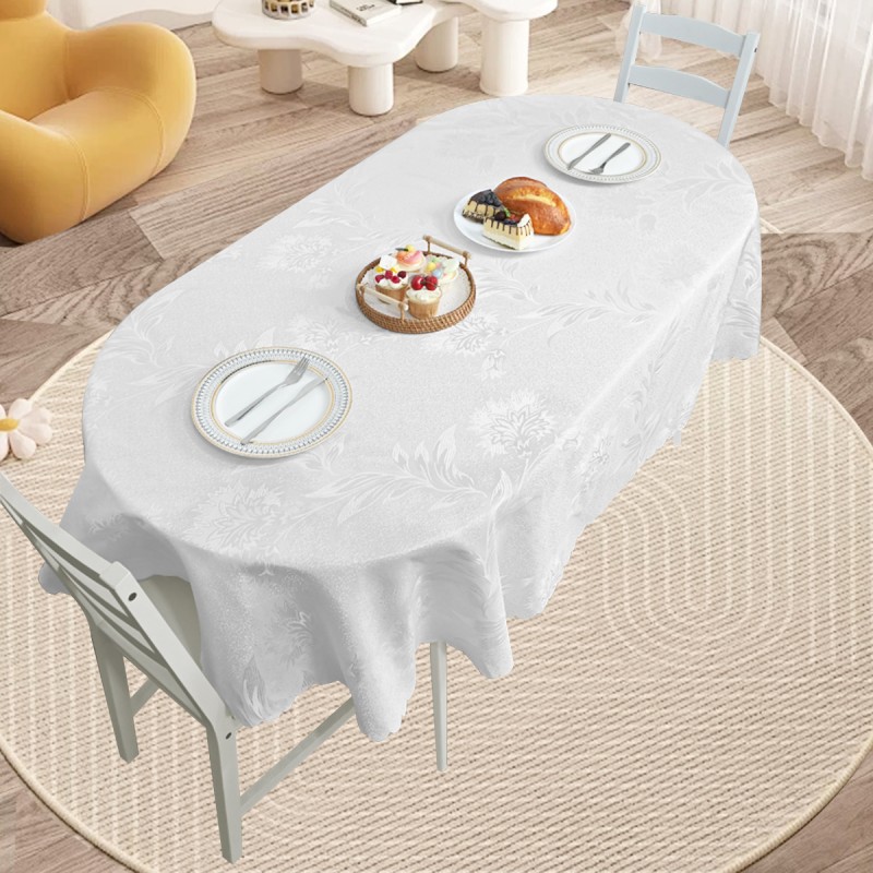 70" x 52"  Oval Jacquard Tablecloth Anchovy Patterns  Table Cloth Ivory 