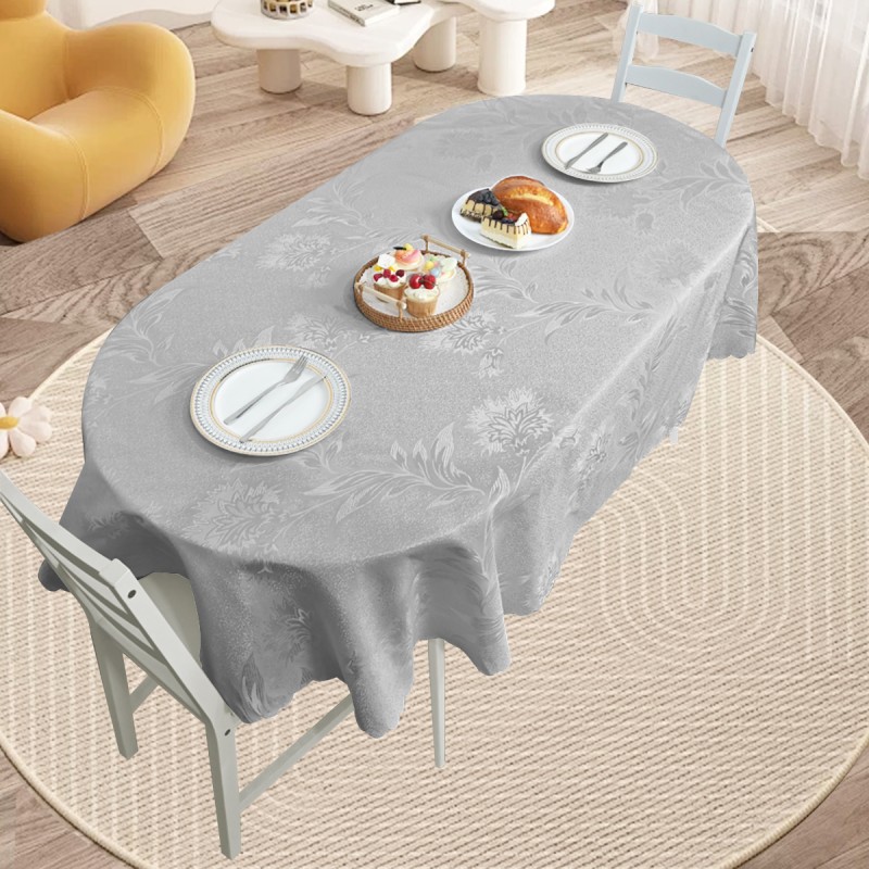 70" x 52"  Oval Jacquard Tablecloth Anchovy Patterns Table Cloth Silver 