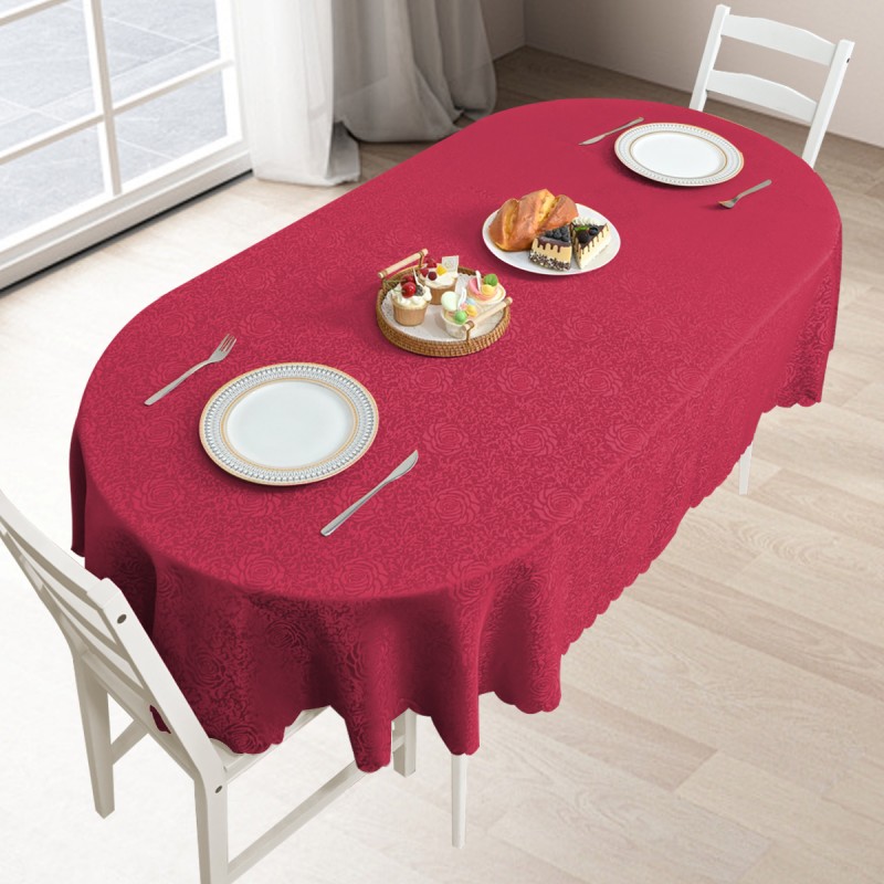 70" x 52"  Oval Jacquard Tablecloth Peony Damask Patterns Table Cloth Burgundy 