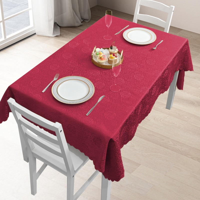 60" x 84" Rectangle Jacquard Tablecloth Peony Damask Patterns TableCloth Burgundy 