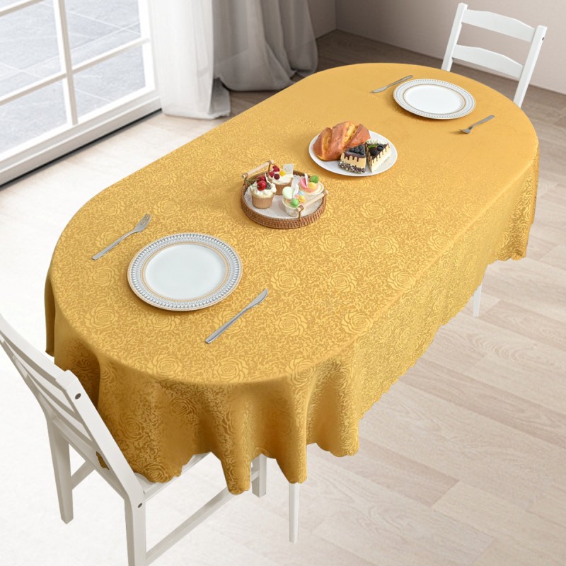 70" x 52"  Oval Jacquard Tablecloth Peony Damask Patterns Table Cloth Gold 