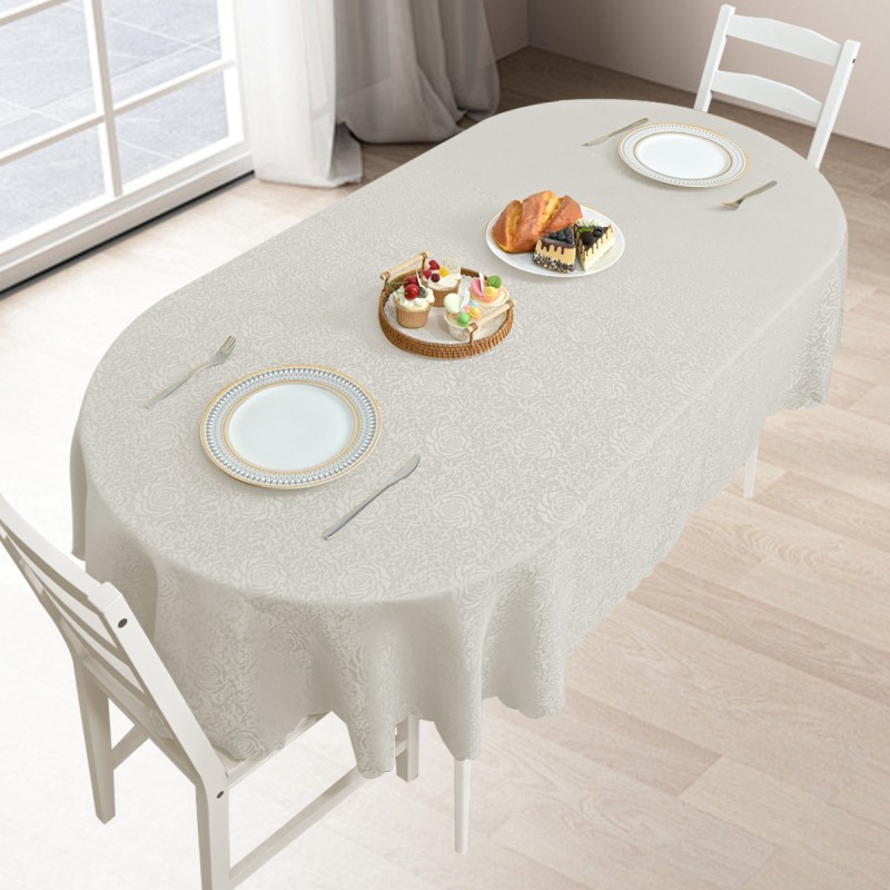 70" x 52"  Oval Jacquard Tablecloth Peony Damask Patterns Table Cloth Ivory 