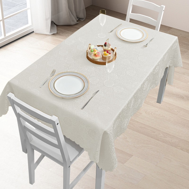 60" x 84" Rectangle Jacquard Tablecloth Peony Damask Patterns TableCloth Ivory 