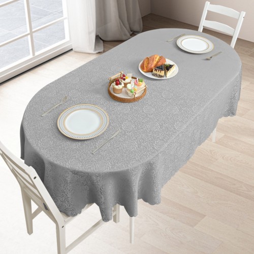 70" x 52"  Oval Jacquard Tablecloth Peony Damask Patterns Table Cloth Silver 